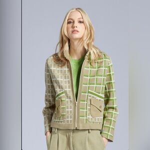 Tricot Chic Lime Green Plaid Zip up Sweater Cardigan Italy - Sz 8